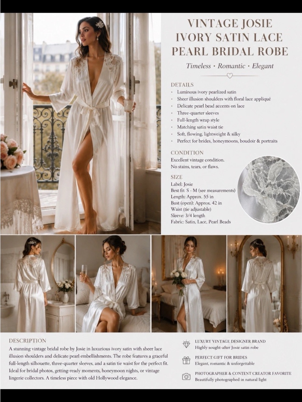 Vintage Josie White Satin Lace Bridal Robe Pearl Applique Peignoir Long